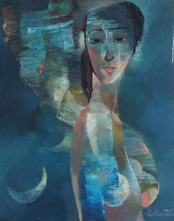 HHT19-Thieu nu va trang-Young lady and moon 37x46 cm (Sold)