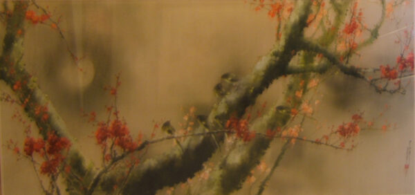 HThanh 02.hoa dao va dan chim- cherry blossom and birds-85x180 (Sold)