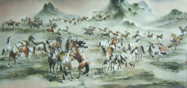 0.HThanh09 Dan ngua tren hoang mac-A herd of horses in wasteland 83x177 cm..