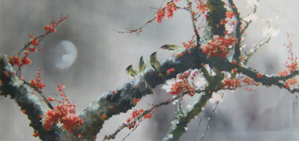 0.HThanh10 Hoa dao va dan chim II-cherry blossom and birds II 86x177 cm....