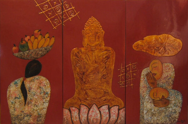 PT34- Duc phat va co gai cau nguyen- Buddha and praying girl-80x120-lacquer (Sold)