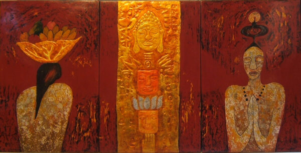 PT38-Duc phat va co gai cau nguyen- Buddha and praying girl II -60x120-lacquer (Sold)