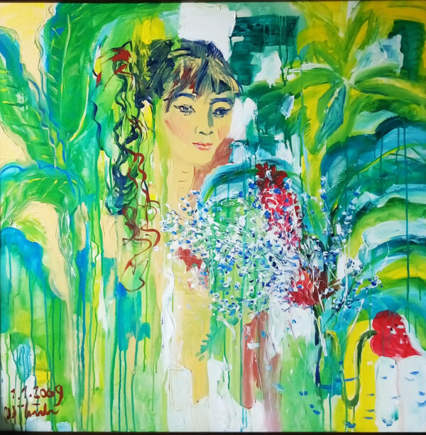 VDT-PM-06-17-Portrait of lady in garden_100x100_oil (Sold)